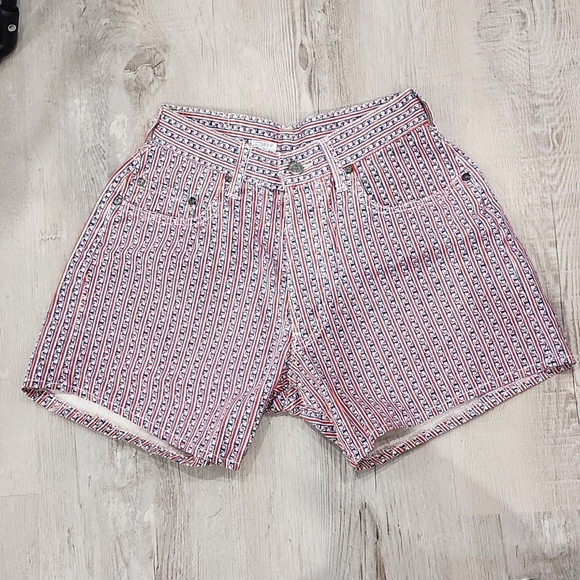 Vintage Ce Dix Sept Jeans Patterned Shorts, French Style Striped Button Fly - Picture 1 of 10